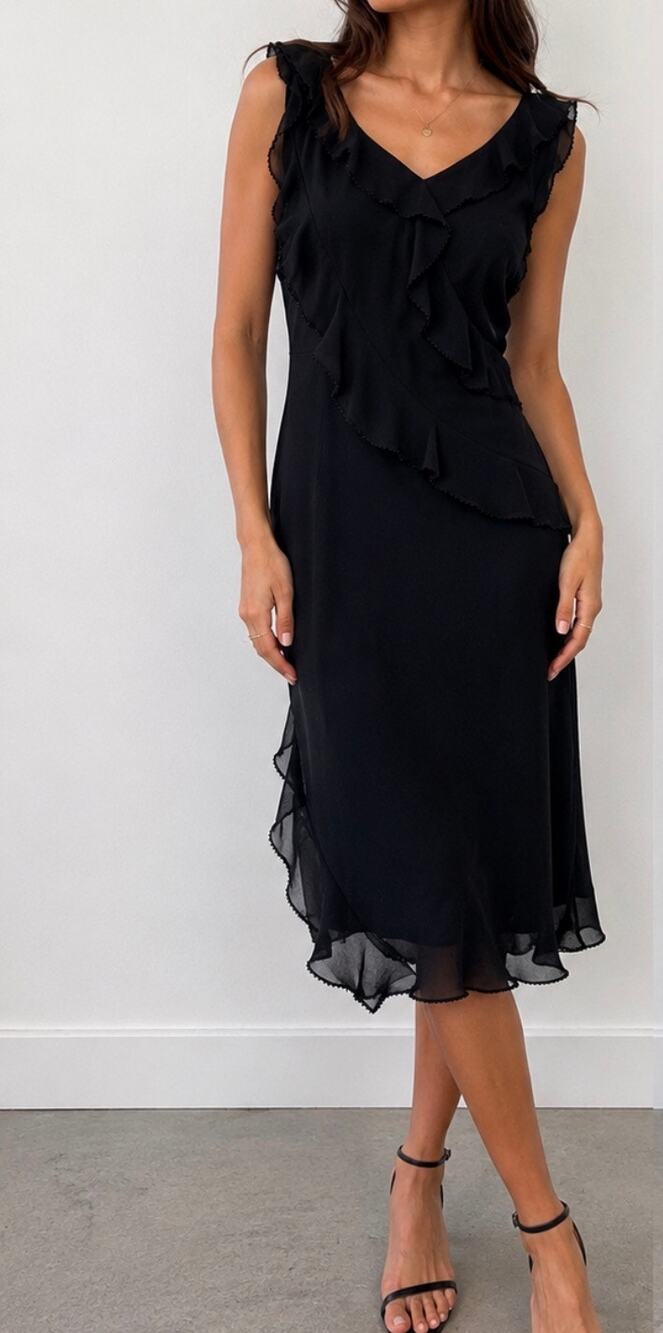 Vintage Y2K Robbie Bee Black Beaded Ruffle Midi Dress Goth Fairy Formal